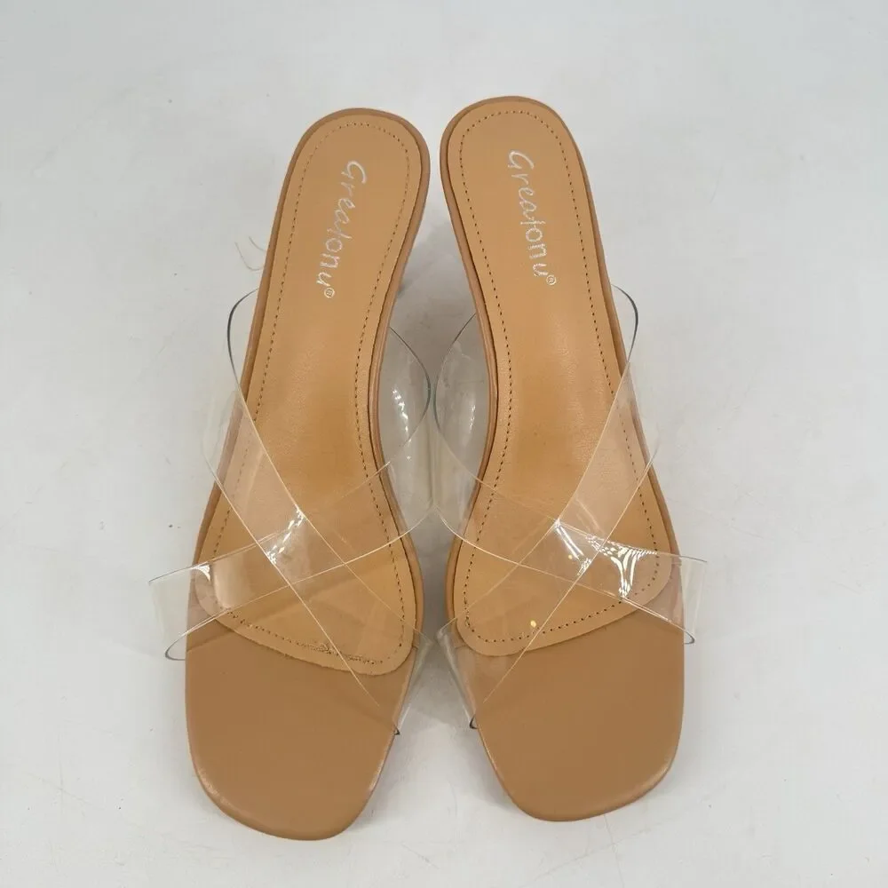Greatonu Women’s Size 9 Clear Strap Heeled Sandals Nude Tan Square Toe